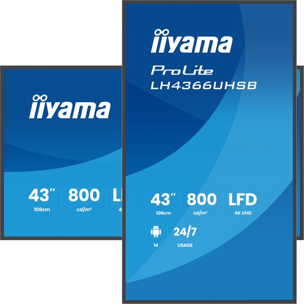 iiyama LH4366UHSB-B1AG infonäyttö Digitaalinen litteä infotaulu 109,2 cm (43") LCD Wi-Fi 800 cd/m² 4K Ultra HD Musta Sisäänrakennettu prosessori Android 24/7