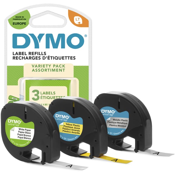 DYMO LetraTag-etikettstartsats med pappers-, plast- och metalloriginaletiketter | Rullar på 12 mm × 4 m | Självhäftande | 3 rullar | För LetraTag etikettskrivare