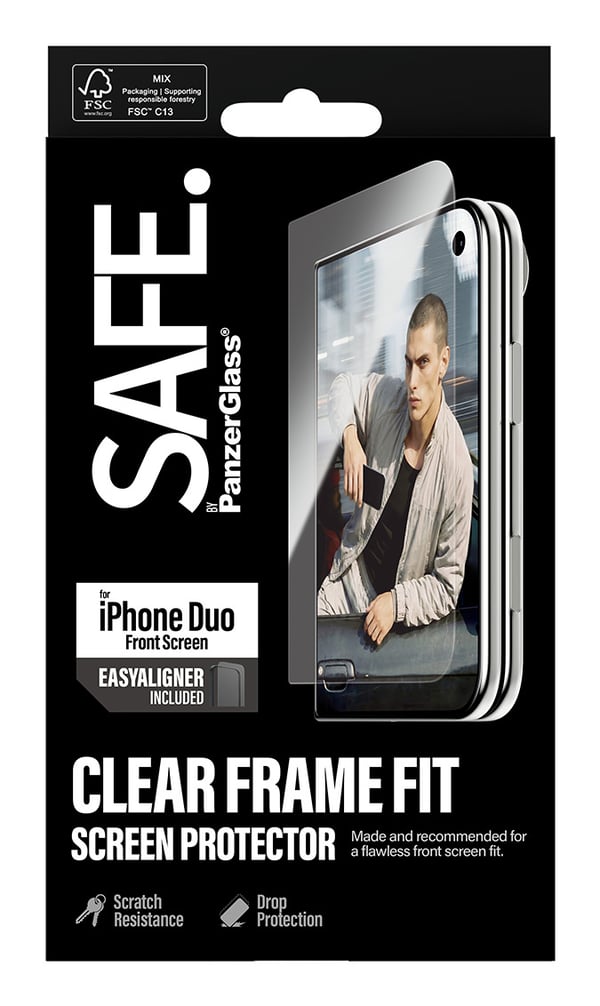 PanzerGlass SAFE. by ® Front Screen Protector iPhone Duo | FRAME FIT w. EasyAligner Genomskinligt skärmskydd Apple 1 styck