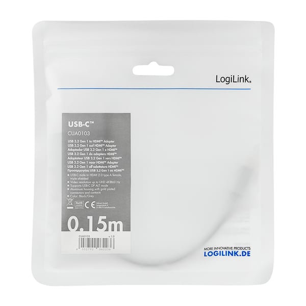 LogiLink CUA0103 kabelomvandlare (hane/hona) USB 3.2 Gen1 Type-C HDMI-A Svart, Grå