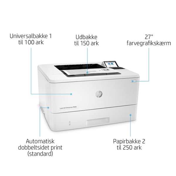HP LaserJet Enterprise M406dn, Sort og hvid, Printer til Virksomhed, Print, Kompakt størrelse; Stærk sikkerhed; Tosidet print; Energibesparende; USB-print fra printerens forside