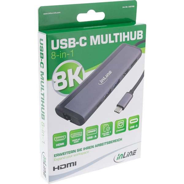 InLine 33278B gränssnittshubbar USB Type-C 1000 Mbit/s Grå