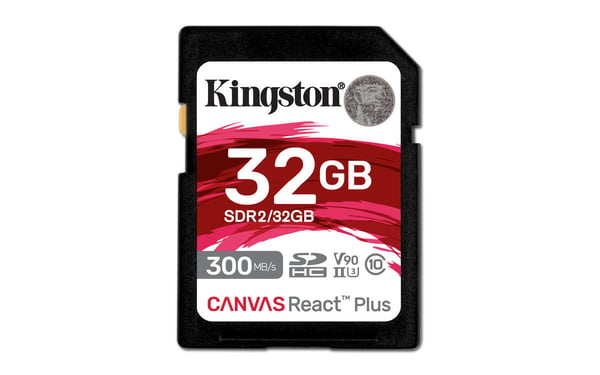 Kingston Technology 32 Gt Canvas React Plus SDHC UHS-II 300R/260W U3 V90, täysteräväpiirto/4K/8K