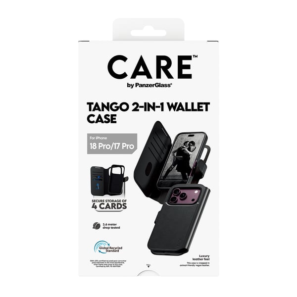 PanzerGlass CARE™ by ® Tango 2-in-1 Wallet Case Black w. MagSafe iPhone 2026 Pro | 17 Pro mobiltelefonfodral Mobilskal Transparent