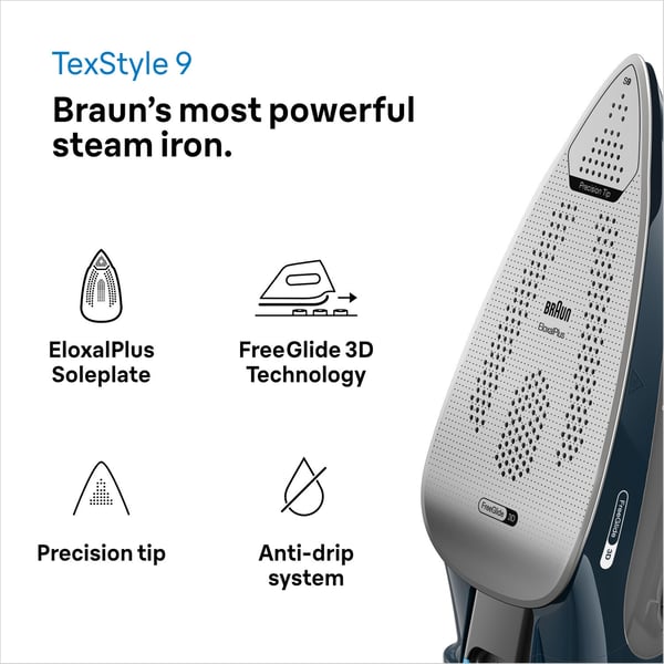 Braun TexStyle 9 0127409002 strygejern Dampstrygejern EloxalPlus soleplate 3200 W Mørkeblå