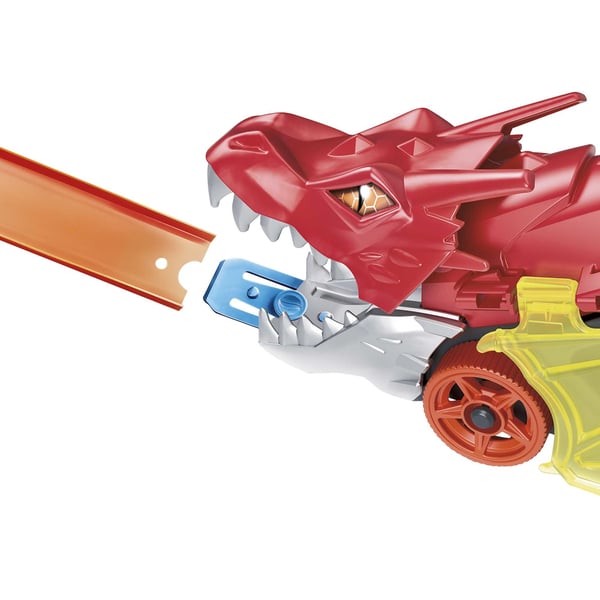 Hot Wheels City Dragon Launch Transporter, skjuter ut bilar ur munnen, present till barn från 3 år och uppåt