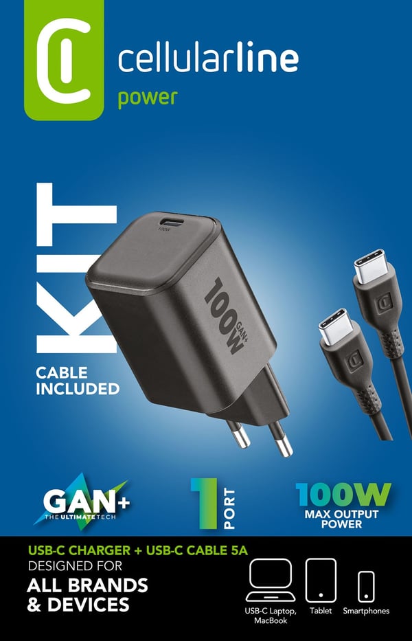 Cellularline Kit ACH 100W Laptop, Universel Sort Vekselstrøm Hurtig opladning Indendørs
