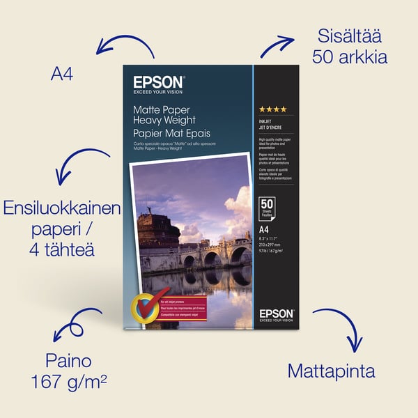 Epson A4 Matte Paper, 167 g/m2, 50 arkkia