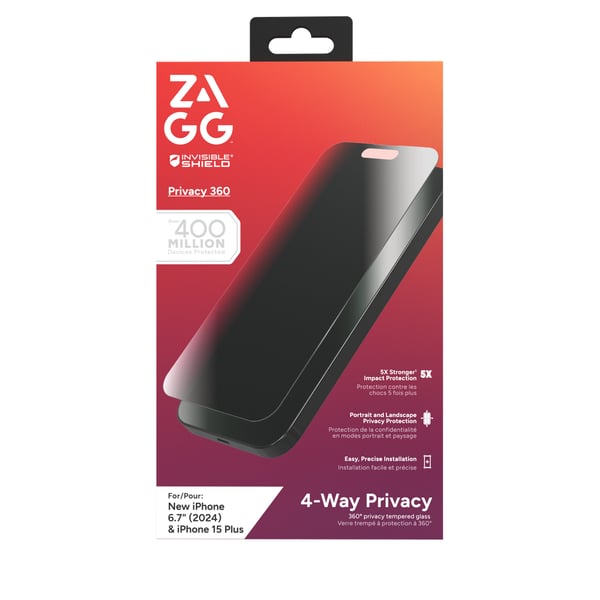 ZAGG InvisibleShield Glass Elite Privacy 360 - privatlivsglas til iPhone 15 Plus / 16 Plus (4 retninger)