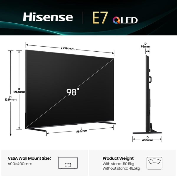 Hisense 98E7Q 2,49 m (98") 4K Ultra HD Älytelevisio Wi-Fi Musta
