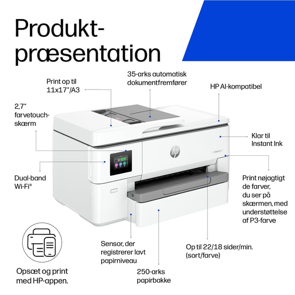 HP OfficeJet Pro 9720e Trådløst All-in-One Farve Printer, Tosidet print; Kopimaskine, scanner