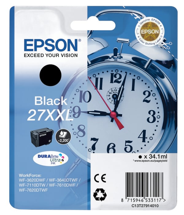Epson Alarm clock Singlepack Black 27XXL DURABrite Ultra Ink