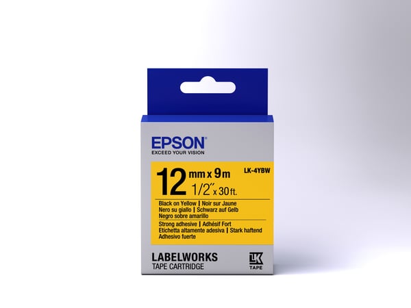 Epson etikettkassett stark självhäftande tejp – LK-4YBW stark tejp svart/gul 12/9