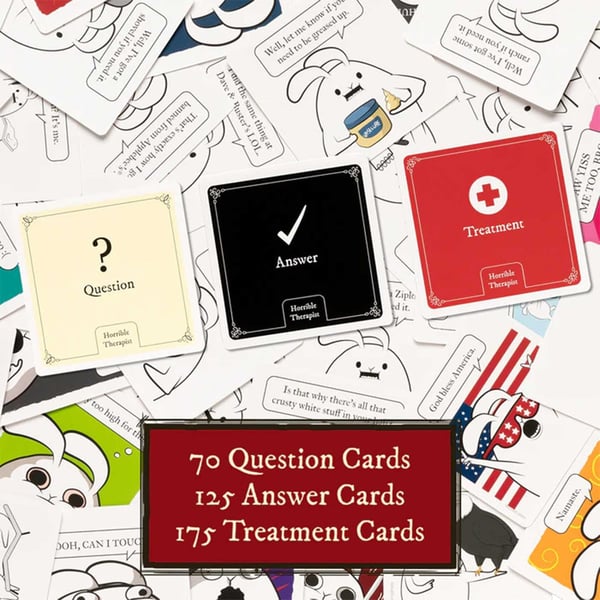 Asmodee Horrible Therapist Therapy can be horrible so we made a game about it.Playing is easy. You’ll make 3 panel comics about it with your friends. You’ll laugh. You’ll gasp. You’ll be mildly offended (in a fun way). But ultimately, you’ll feel great when your intrusive thoughts help you win this adult card game! Perfect for pregaming, parties, or any situation where you need to get rowdy with a group. Kortspel