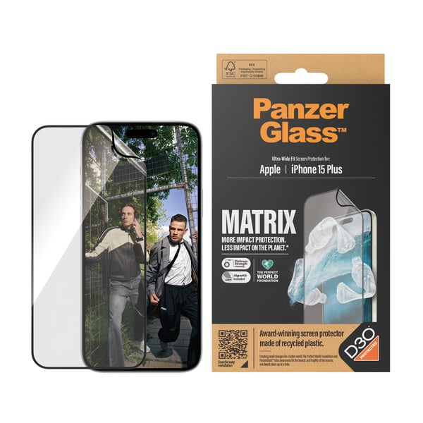 PanzerGlass ® ECO MATRIX Screen Protector with D3O® iPhone 15 Plus | Ultra-Wide Fit w. AlignerKit Genomskinligt skärmskydd Apple 1 styck