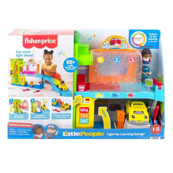 Fisher-Price Little People pedagogiskt upplyst garage för småbarn, 5 lekdelar, flerspråkig version
