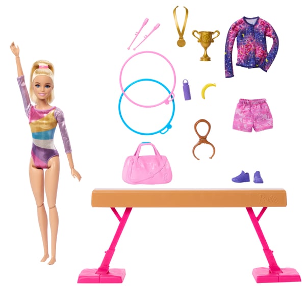 Barbie Gymnastiklegesæt med lyshåret modedukke, balancebom, over 10 stk. tilbehør og saltomortalefunktion