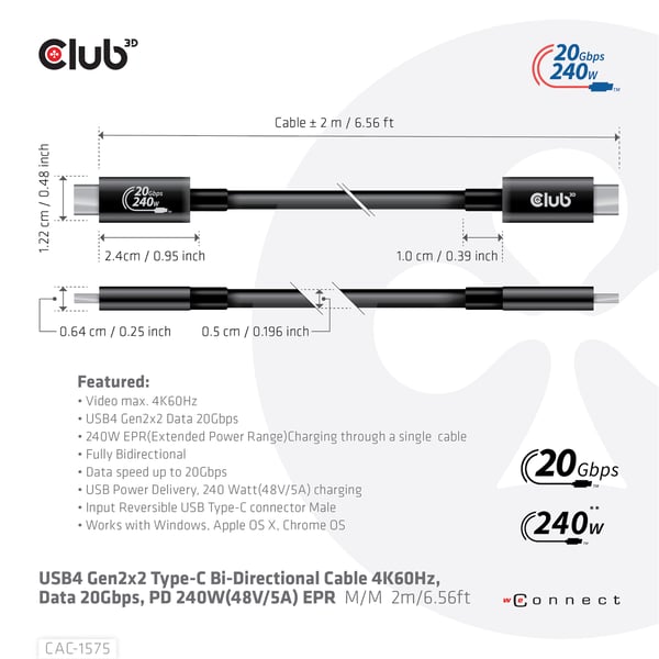 CLUB3D CAC-1575 USB-kablar USB4 Gen 2x2 2 m USB C 20 Gbit/s 240 W Svart