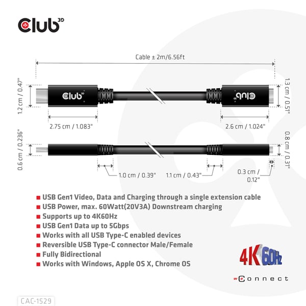 CLUB3D CAC-1529 USB-kablar USB 3.2 Gen 1 (3.1 Gen 1) 2 m USB C 5 Gbit/s 60 W Svart