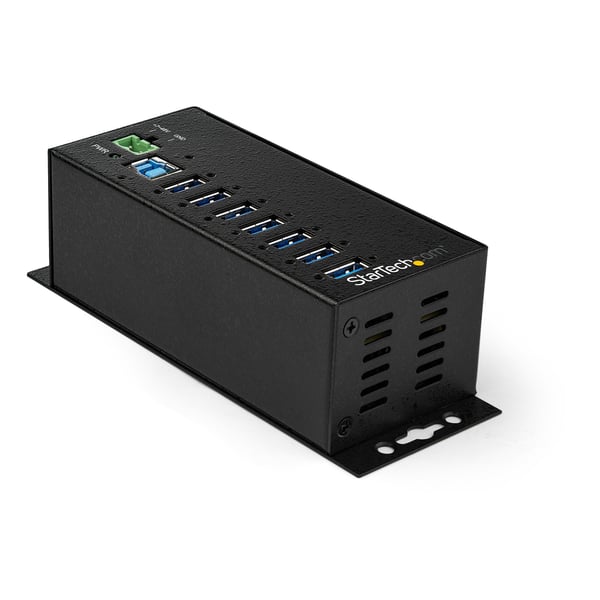 StarTech.com USB 3.0-hubb med 7 portar och nätadapter - Industriell USB-A-hubb i metall med ESD- och 350 W överspänningsskydd - Monterbar på DIN-skena/vägg/skrivbord - Höghastighets USB 3.2 Gen 1 (5Gbps)-hubb