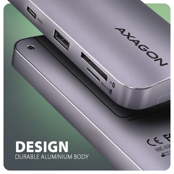 Axagon HMC-6GM2 USB 10Gbps hub USB-A USB-C HDMI M.2 SD/mSD PD 100W USB-C Langallinen USB 3.2 Gen 2 (3.1 Gen 2) Type-C Harmaa