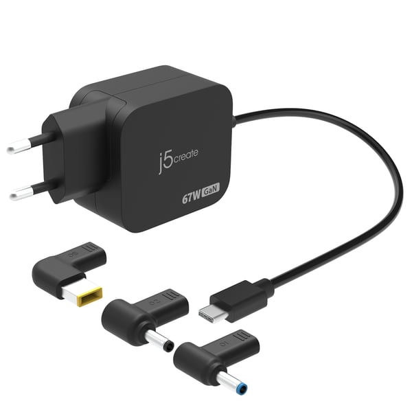 j5create JUP1565DCE3A-EN 67W GaN PD USB-C® minioplader med 3 forskellige jævnstrømsstik - EU