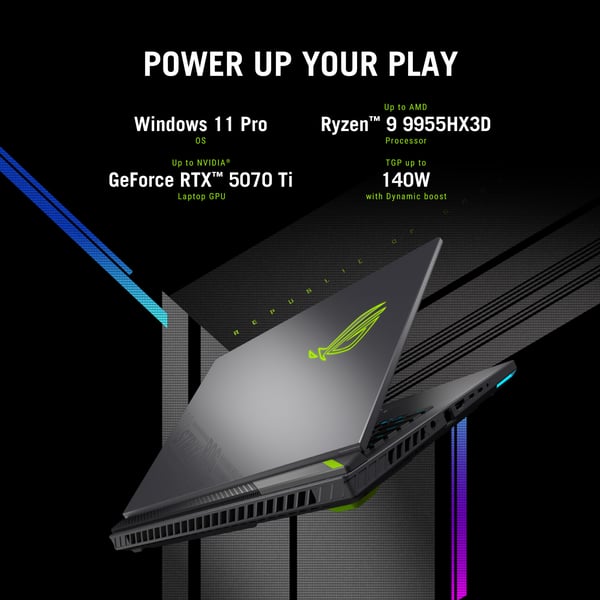 ASUS ROG Strix G16 G614FR-S5252W AMD Ryzen™ 9 9955HX Laptop 40,6 cm (16") WQXGA 16 GB DDR5-SDRAM 1 TB SSD NVIDIA GeForce RTX 5070 Ti Wi-Fi 6E (802.11ax) Windows 11 Home Grøn, Grå QWERTY Hollandsk