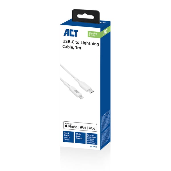 ACT AC3014 Lightning kabel 1 m Hvid