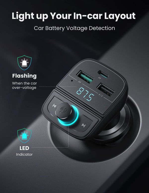 Ugreen [AI generated title] Biloplader / FM-Sender Med Bluetooth 5.0 3 Usb Porte Musta