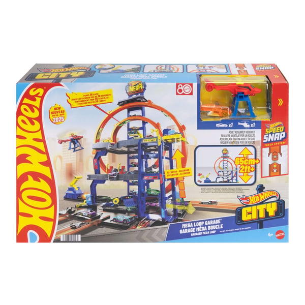 Hot Wheels City Mega Loop Garage-lekset med 1 formgjuten leksaksbil och 1 leksakshelikopter i skala 1:64