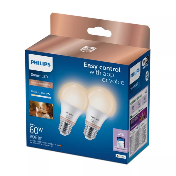 Philips Smart LED A60 pære, E27 fatning, 806lm, 2-pak