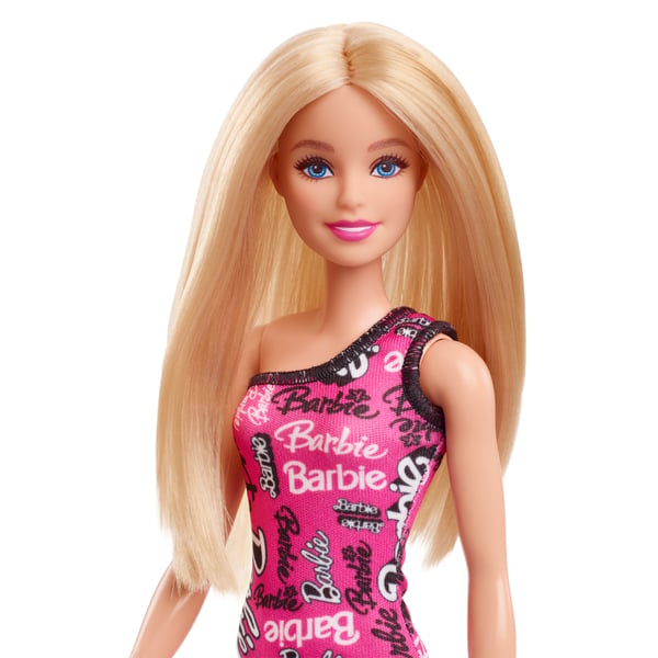 Barbie Fashionistas Barbie-nukke, jolla on suorat vaaleat hiukset ja riisuttava pinkki mekko, jossa logoprintti, ja kengät