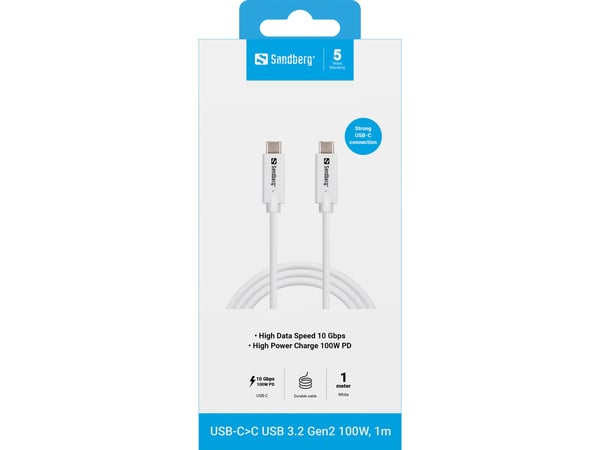 Sandberg 136-53 USB-kaapeli USB 3.2 Gen 2 (3.1 Gen 2) 1 m USB C 10 Gbit/s 100 W Valkoinen
