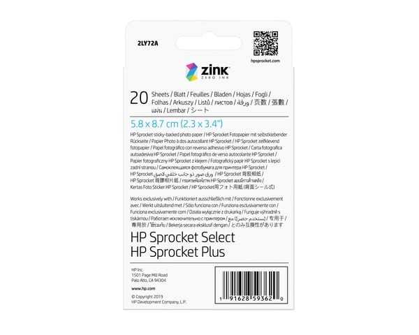 HP Selvklæbende Sprocket Plus Paper-fotopapir, 20 ark på 5,8 x 8,7 cm (2,3 x 3,4")