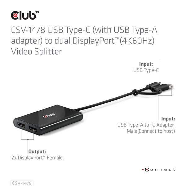 CLUB3D CSV-1478 videohaaroitin USB Type-C 2x DisplayPort