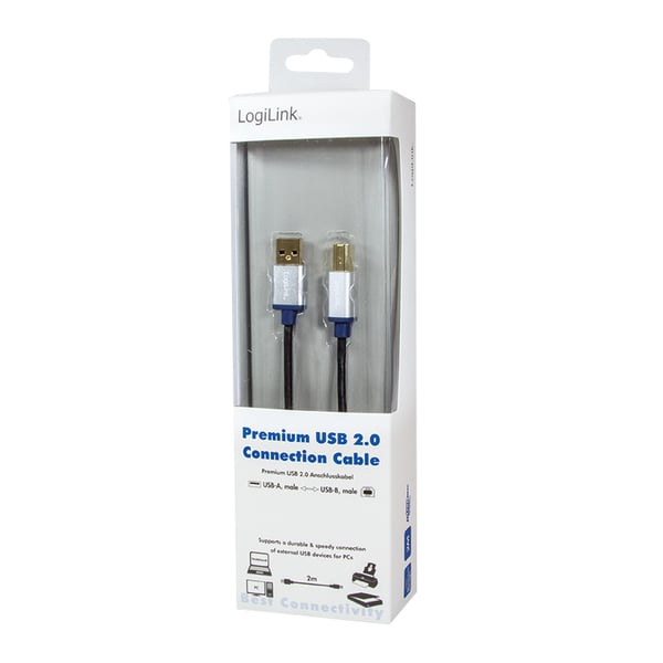 LogiLink 2m, USB2.0-A/USB2.0-B USB-kabel USB A USB B 0,48 Gbit/sek. Sort