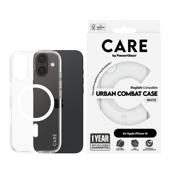 PanzerGlass CARE™ by ® Urban Combat Case Transparent w. White MagSafe iPhone 16 matkapuhelimen suojakotelo Suojus Läpinäkyvä