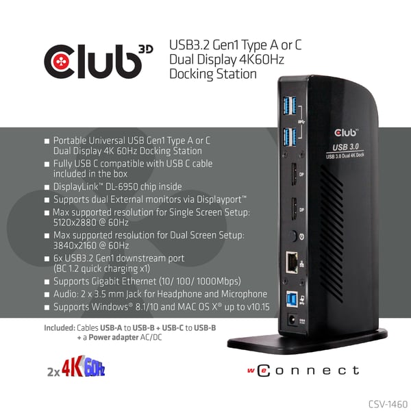 CLUB3D USB 3.0 Dual Display 4K60Hz Docking Station