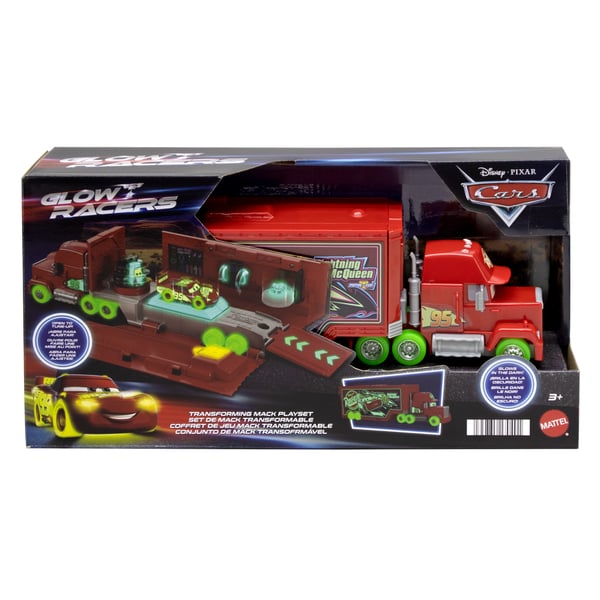 Disney Pixar Cars Disney och Pixar Bilar Glow Racers Förvandla Mack-lekset, självlysande 2-i-1-leksakslastbil och verkstad