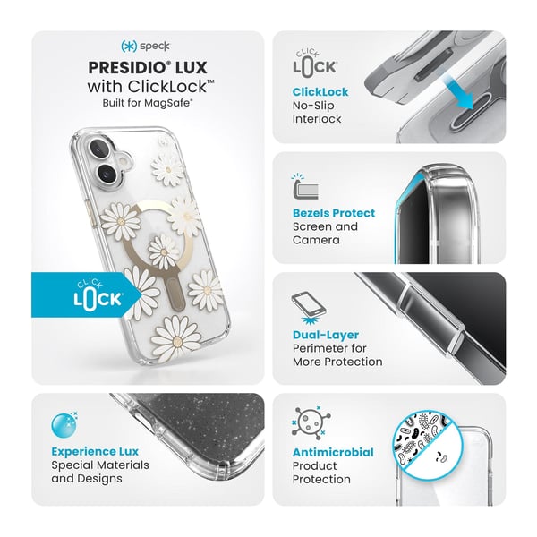 Speck Presidio Lux ClickLock & MagSafe - Cover til iPhone 16 Plus (Sunshine Daisies / Klar / Guld)