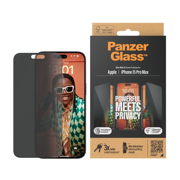 PanzerGlass ® Privacy Screen Protector iPhone 15 Pro Max | Ultra-Wide Fit w. EasyAligner Genomskinligt skärmskydd Apple 1 styck