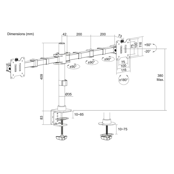 ACT AC8326 skærmbeslag og -stativer 86,4 cm (34") Skrivebord Sort