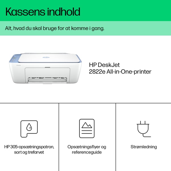 HP DeskJet 2822e Trådløst All-in-One Farve Printer, Instant Ink; Kopimaskine, scanner
