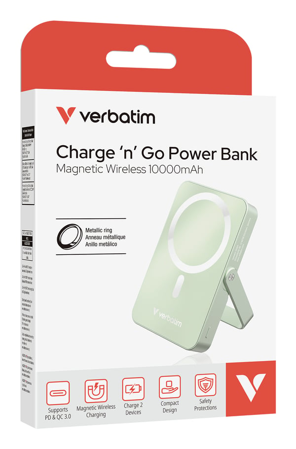 Verbatim Charge 'n' Go Magnetic Wireless Litium Polymer (LiPo) 10000 mAh Trådlös laddning Grön