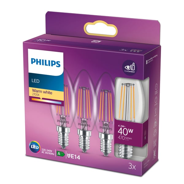 Philips Filament kertepære, klar 40 W B35 E14 x 3