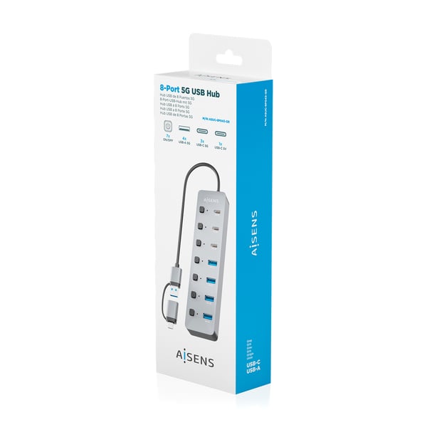 AISENS ASUC-8P043-GR gränssnittshubbar USB 3.2 Gen 1 (3.1 Gen 1) Type-A 5000 Mbit/s Grå