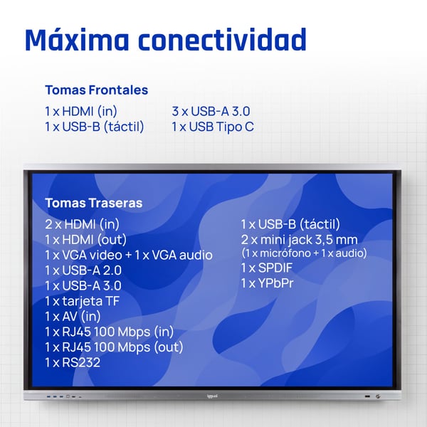 iggual Orchid 65" Interaktiv plattskärm 165,1 cm (65") LED Wi-Fi 400 cd/m² 4K Ultra HD Svart Pekskärm Inbyggd processor Android
