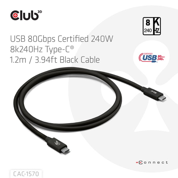 CLUB3D CAC-1570 USB-kabel USB4 Gen 2x2 1,2 m USB C 80 Gbit/sek. 240 W Sort