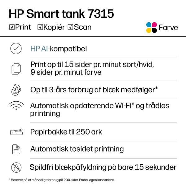 HP Smart Tank 7315 Wireless All-in-One Farve Printer, Up to 2 Years of ink included; Two-sided printing; Copier, Scanner