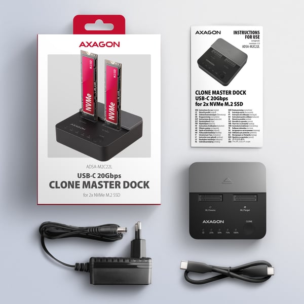 Axagon ADSA-M2C22L tallennusaseman telakointiasema USB 3.2 Gen 2x2 Type-C Musta